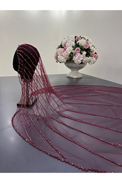 ZEN DUVAK Gelin Duvağı Nakışlı Bordo Kasnak Duvak Kristal