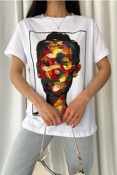 FEMELLE Tricou alb din bumbac imprimat nou sezon pentru femei