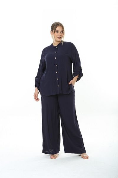 XL Modam Γυναικείο υφαντό κοστούμι βισκόζης Navy Blue Brown με κουμπιά