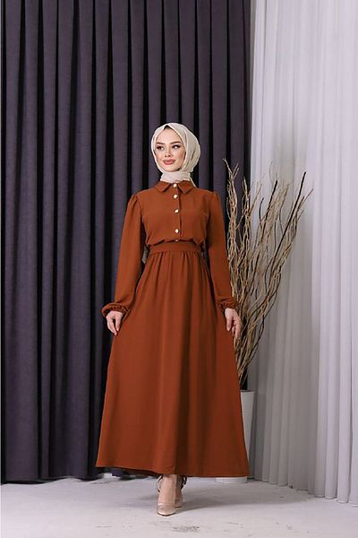 Neşeli Butik γυναικείο κουμπί λεπτομερές εισαγόμενο υφασμάτινο φόρεμα SMS003
