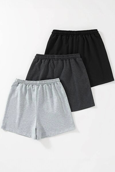 Harmandar Siyah Füme Gri 3'lü Baskısız Kadın Şort