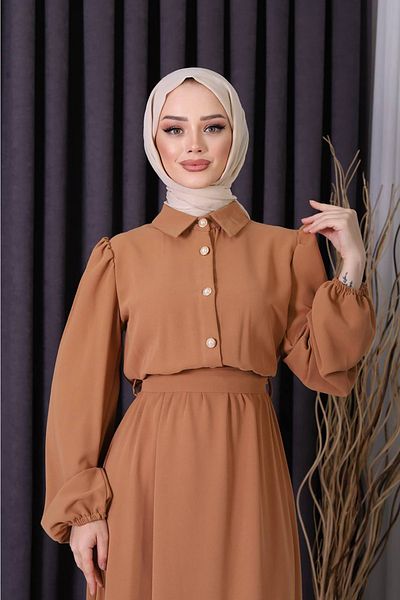 Neşeli Butik γυναικείο κουμπί λεπτομερές εισαγόμενο υφασμάτινο φόρεμα SMS003