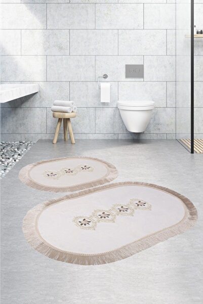 Teksev Shems البيضاوي كريم 2 قطعة لاسي ومهدب الحمام البساط حصيرة مجموعة المهر المضادة للانزلاق مقعد المرحاض