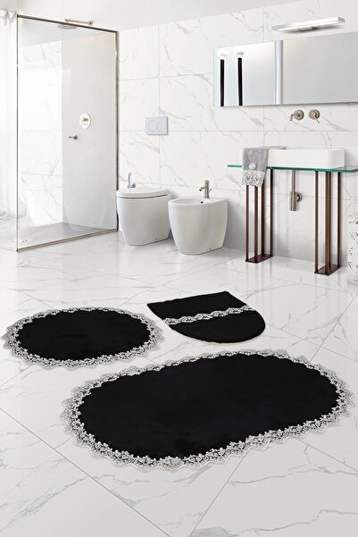 Teksev Bonny Home Venus - Μαύρο Σετ Πατάκι Μπάνιου 3 τεμαχίων Δαντελένιο Σετ ...