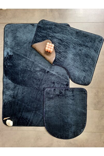 Teksev Σετ χαλιών μπάνιου 3 τεμαχίων Ultrasoft Plain Navy Blue Σετ τουαλέτας που πλένεται με αντιολισθητική δερμάτινη βάση