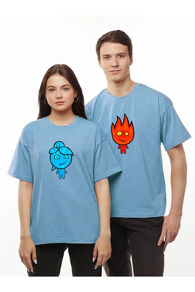 Pear Wear - Fire And Water Printed Couple T-shirt Μαύρο Oversize Lover T-shirt