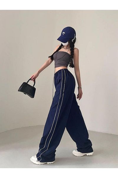 Gofeel Parachute Fabric Double Line Detail Navy Blue Double Striped Zip Sweatpants