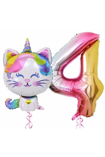 Parti Station Unicorn Cat 4 Year Old Balloon Set Colorful Number Balloon Foil...