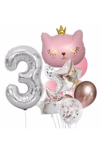 Parti Station Pink Cat 3 Year Old Balloon Set Star Balloon Foil Set Pink Cat Concept Birthday Set Age Balloon Set