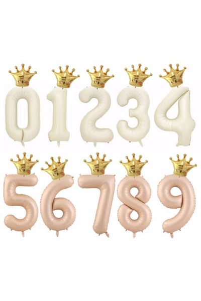 Parti Station Crown Foil Balloon Set Cream Color 9 Year Old Balloon Foil Set 80 Cm Concept Birthday Set Age Balloon Set