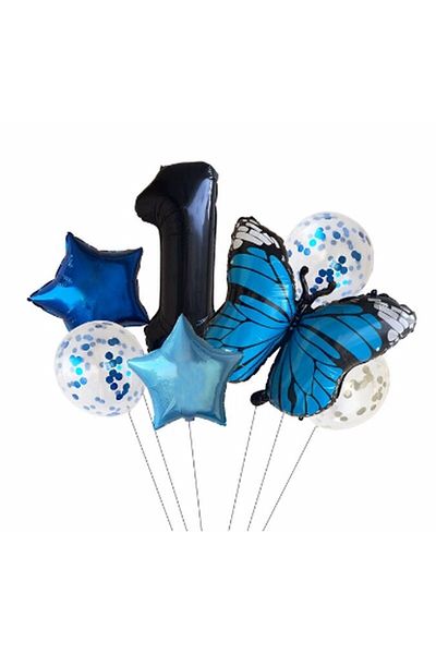 Parti Station Blue Butterfly 1 Year Old Balloon Set Star Balloon Foil Set Butterfly Concept Birthday Set Age Balloon Set