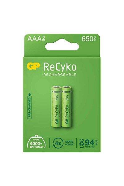 GP Batteries Recyko 650 Aaa Ince Kalem Ni-mh Şarjlı Pil, 1.2 Volt, 2'li Kart