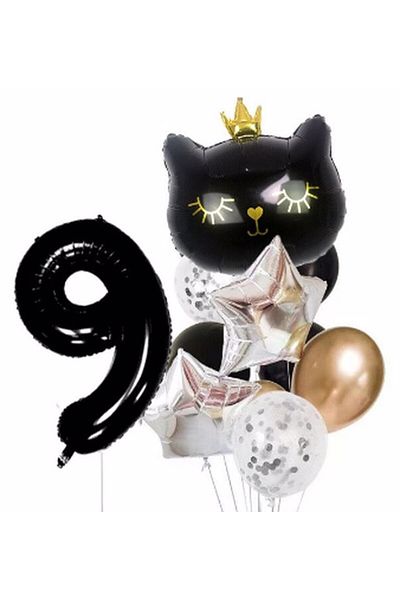 Parti Station Black Cat Black Cat 9 Years Old Balloon Set Star Balloon Foil Set Black Cat Concept Birthday Set