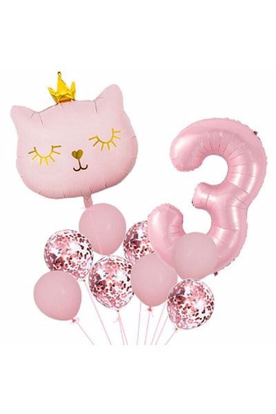 Parti Station Pink Cat 3 Year Old Balloon Set Balloon Foil Set Pink Cat Concept Birthday Set Age Balloon Set