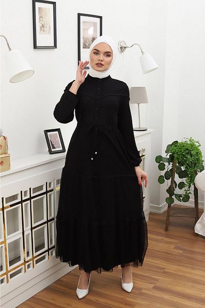Neşeli Butik Γυναικείο Κουμπιά Λεπτομερές Φόρεμα Hijab Rssn44 - Μαύρο