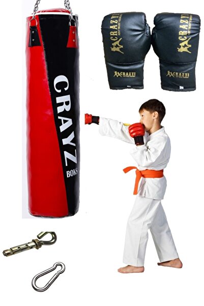 Crazy Çocuk Boks Torbası Çocuk Kum Torbası Çocuk Boks Eldiveni Set Askı Aparatı Kırmızı Siyah