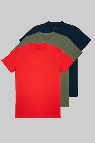 MAXIMILLIAN Men's Red Khaki Navy Blue 100% Cotton Crew Neck 3-Piece T-shirt Pack
