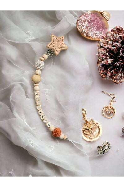 My Kids Room Doğal Ahşap Emzik Zinciri - Isimli Emzik Askısı Ahşap Emzik Zinc...