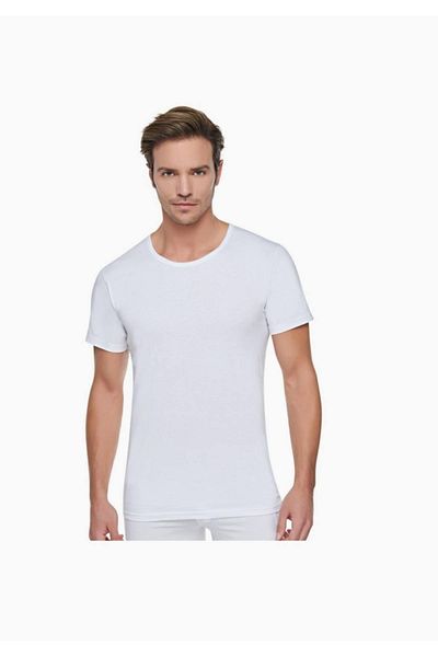 Tutku White Combed Cotton Men's Açıkyaka Crew Neck Undershirt 100% Cotton 6 Pieces