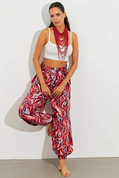 NUR TEKSTİL Kadın Kırmızı Desenli Dokuma Beli Ve Paça Lastikli Cepli Şalvar P...