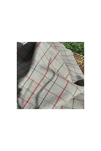 B'Dekor Kırmızı Toprak Rengi Ekose Desenli Keten Jakarlı Döşemelik Kumaş Koltuk Kumaşı