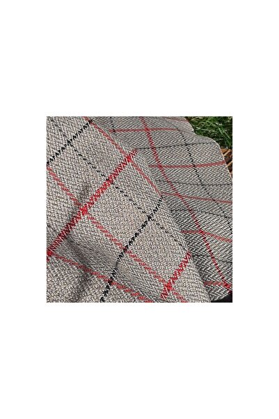 B'Dekor Kırmızı Toprak Rengi Ekose Desenli Keten Jakarlı Döşemelik Kumaş Koltuk Kumaşı