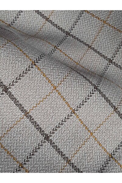 B'Dekor Çizgili Ekose Keten Jakarlı Döşemelik Kumaş Sarı Çizgili Krem Döşemel...