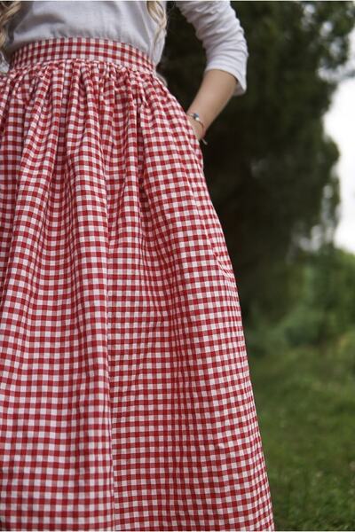 Launes Vintage Gingham Red Skirt with Pockets
