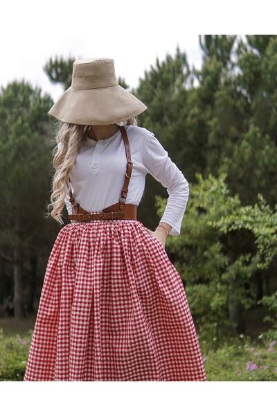 Launes Vintage Gingham Red Skirt with Pockets