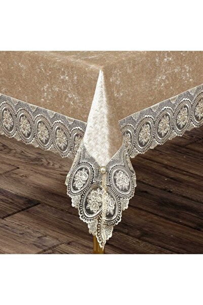 ZELAL Rose Patterned Velvet Tablecloth - Cream and Brown Color