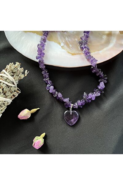 Cherry Boom Ametist Kırıktaş Kalp Uçlu Doğal Taş Kolye
