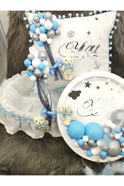 7Renk Ledli Ahşap Ayıcıklı Kapı Panosu Kız-Erkek Bebek Kapı Süsü Mavi Pembe Hastane Kapı Süsü Takım