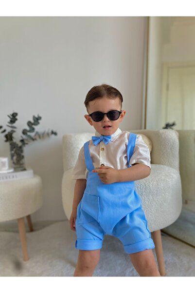 favorimkids Baby Blue Cotton Harem Salopet Classic Short Sleeve Shirt with Bow Tie