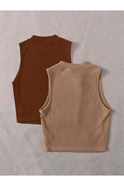 ÖZ PAMUK Γυναικείο 2 τεμάχια με ραβδώσεις πλεκτή καμιζόλα Crop μπλούζα ATLET