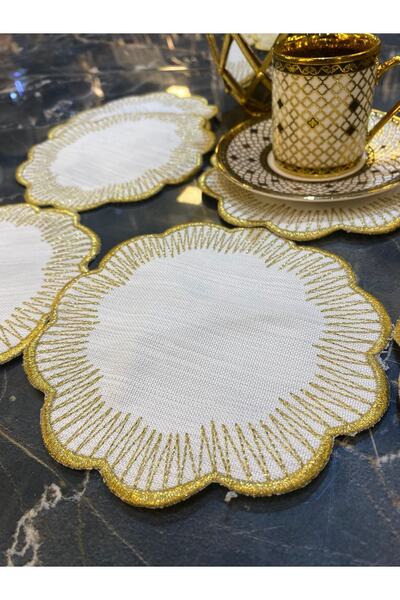 Teksev Șervețel de prezentare pentru cocktail, cafea, 6 bucăți Shems Gold, șervețel de prezentare brodat Maras Work Glaze Broderie