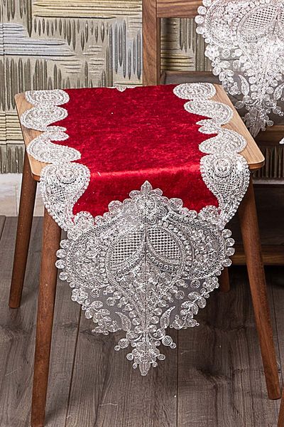 Teksev Nurbanu Claret Red Velvet Set 5 piese din dantela argintie - Set camera de zi Dowry fata de masa