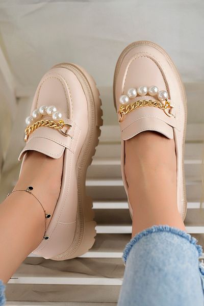 StWenn Women's Thick Sole Loafer Moccasin Shoes Pearl Beige