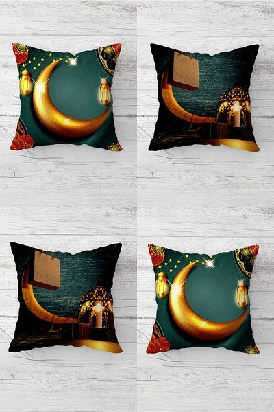 Latibule Crescent Themed Ramadan Mubarak Hidden Zippered Throw Pillow Cover Sofa Pillow Cover Set (4 Pieces)