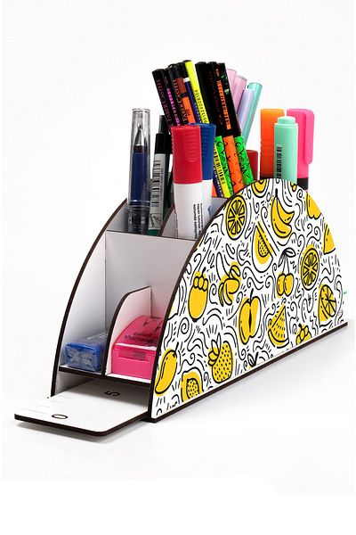 kutuTR Wooden Vip Fruit Series Rainbow Ruled Desktop Pen Holder Organizer with Assembled Box
