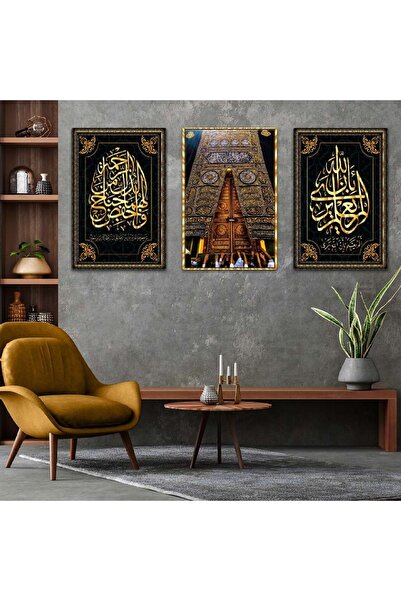 Zevahir Mobilya Dekorasyon Üçlü Mdf Kabe Kapısı Dini Tablo Seti