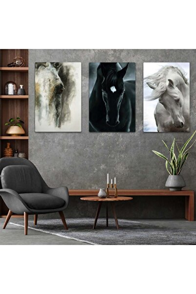 Zevahir Mobilya Dekorasyon Σετ ζωγραφικής από τρία MDF Μαύρο Λευκό Αλόγο