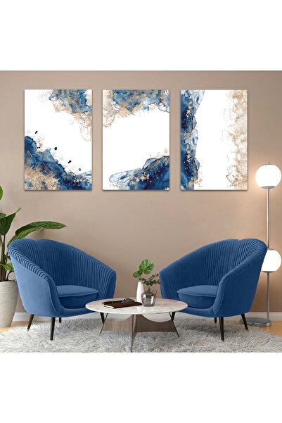 Zevahir Mobilya Dekorasyon Üçlü Mdf Mavi Beyaz Kolaj Tablo Seti