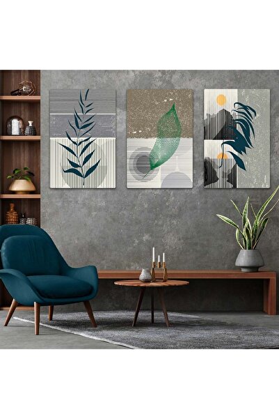 Zevahir Mobilya Dekorasyon Üçlü Mdf Minimalist Soyut Çizgili Yaprak Desen Tab...