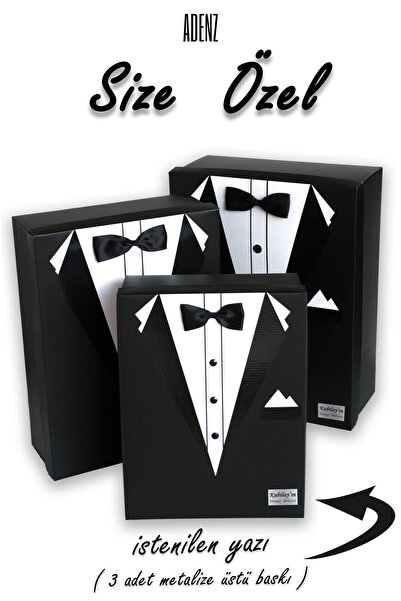 ADENZ Kişiye Özel- Damat Bohçası Çeyiz-3'lü Kutu- Metalize Zemin Üstü Baskı 3 Adet