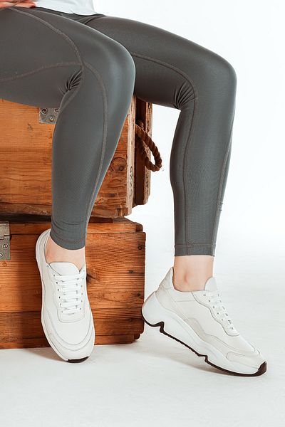 Cooliza Genuine Leather Laced Eva Thick Sole Daily Comfortable Women's Sports Shoes Off White
