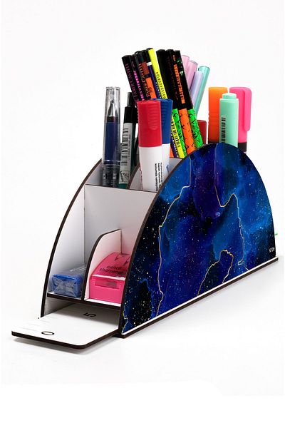 kutuTR Wooden Vip Marble Series Rainbow Ruled Desktop Pen Holder Organizer with Assembled Box