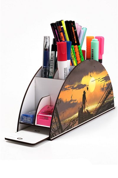 kutuTR Wooden Vip Ai Model Series Desktop Pen Holder Organizer with Rainbow Ruler Assembled Box