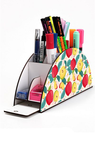 kutuTR Wooden Vip Fruit Series Rainbow Ruled Desktop Pen Holder Organizer with Assembled Box