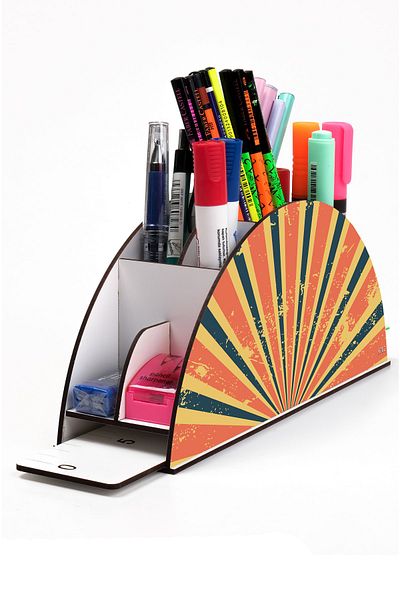 kutuTR Wooden Vip Retro Series Rainbow Ruled Desktop Pen Holder Organizer with Assembled Box