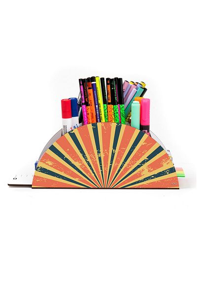 kutuTR Wooden Vip Retro Series Rainbow Ruled Desktop Pen Holder Organizer with Assembled Box